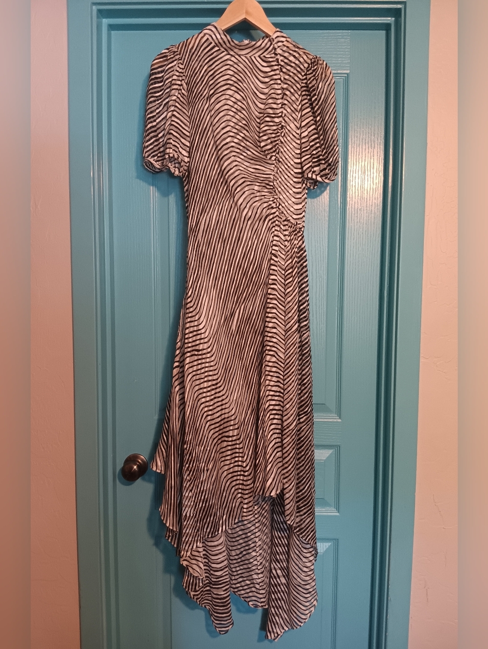 Tanya Taylor Striped Asymmetrical Midi Dress | Ruched Detail | Effortless Chic